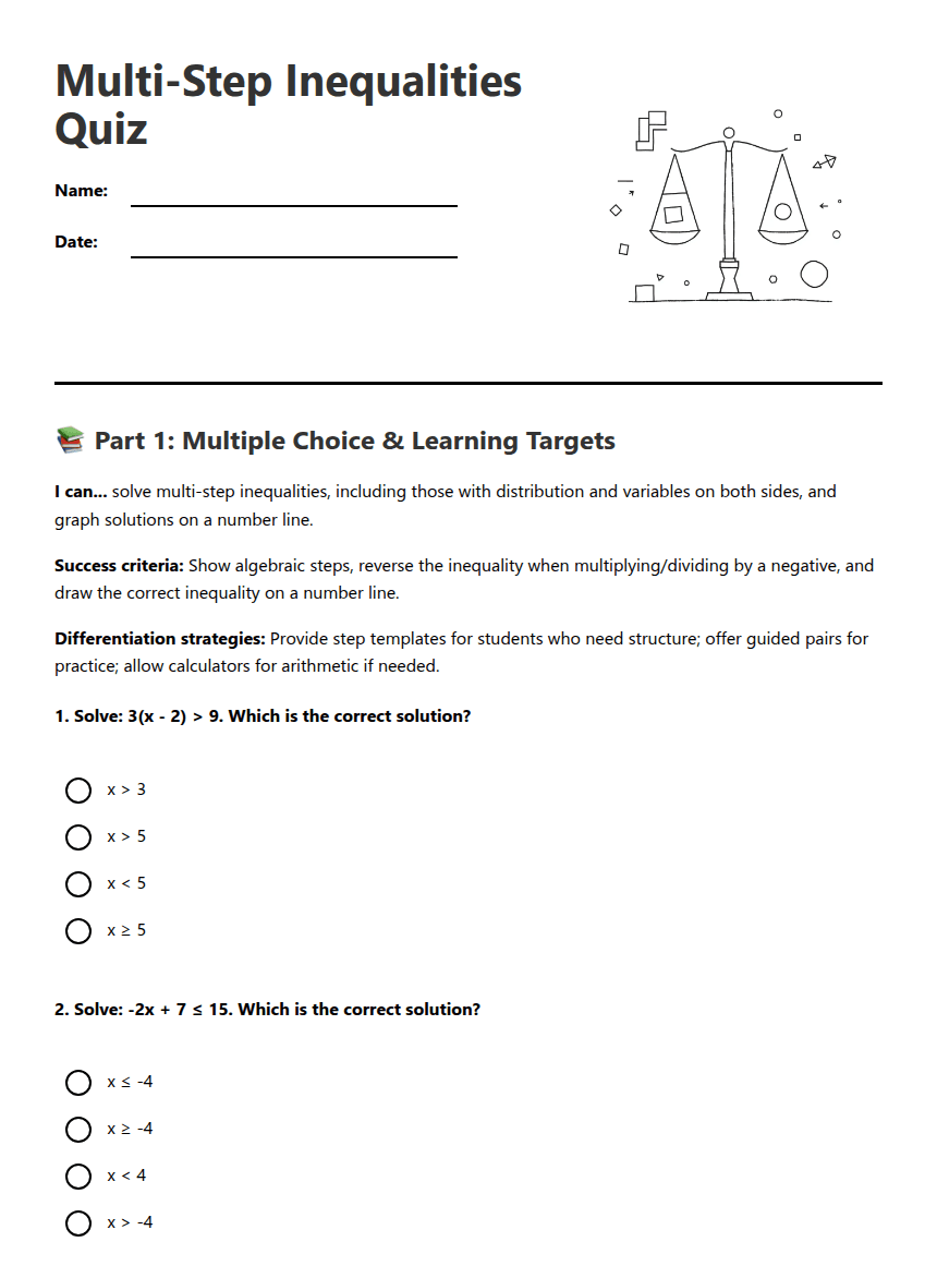 Multi-Step Inequalities Quiz worksheet preview