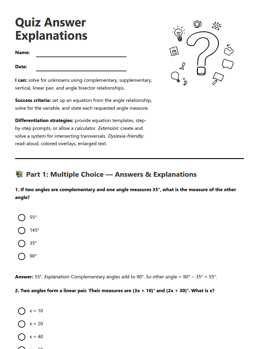 Quiz Answer Explanations worksheet preview