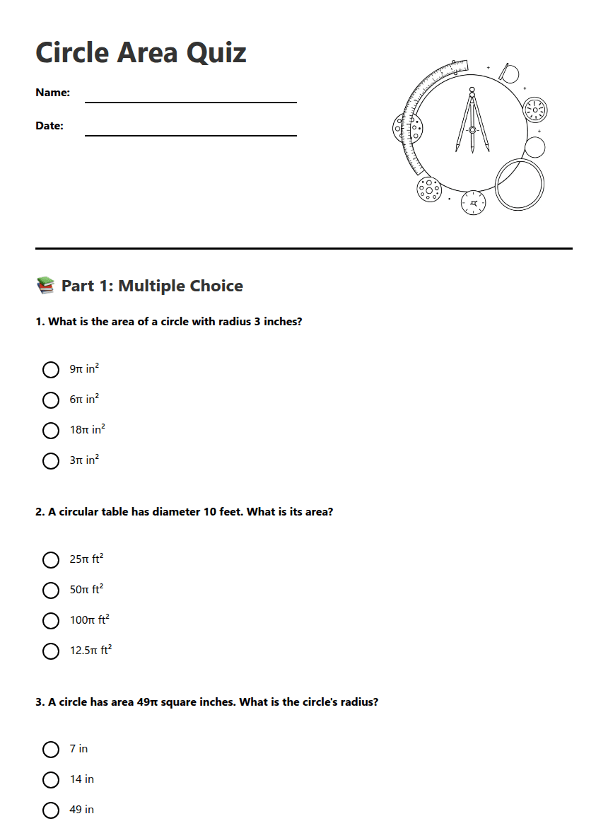Circle Area Quiz worksheet preview