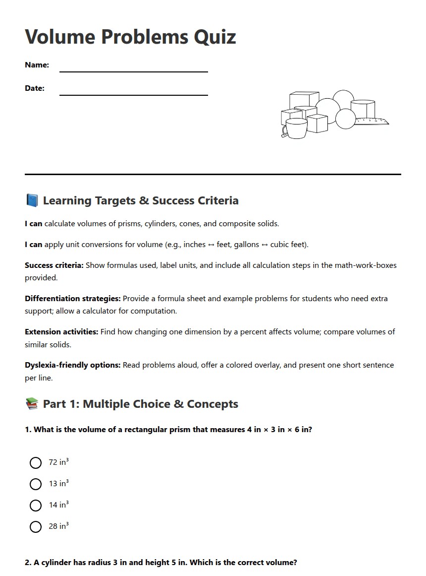 Volume Problems Quiz worksheet preview