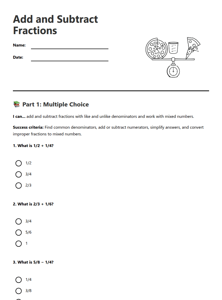 Add and Subtract Fractions worksheet preview