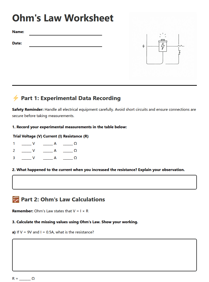 Ohm's Law Worksheet worksheet preview