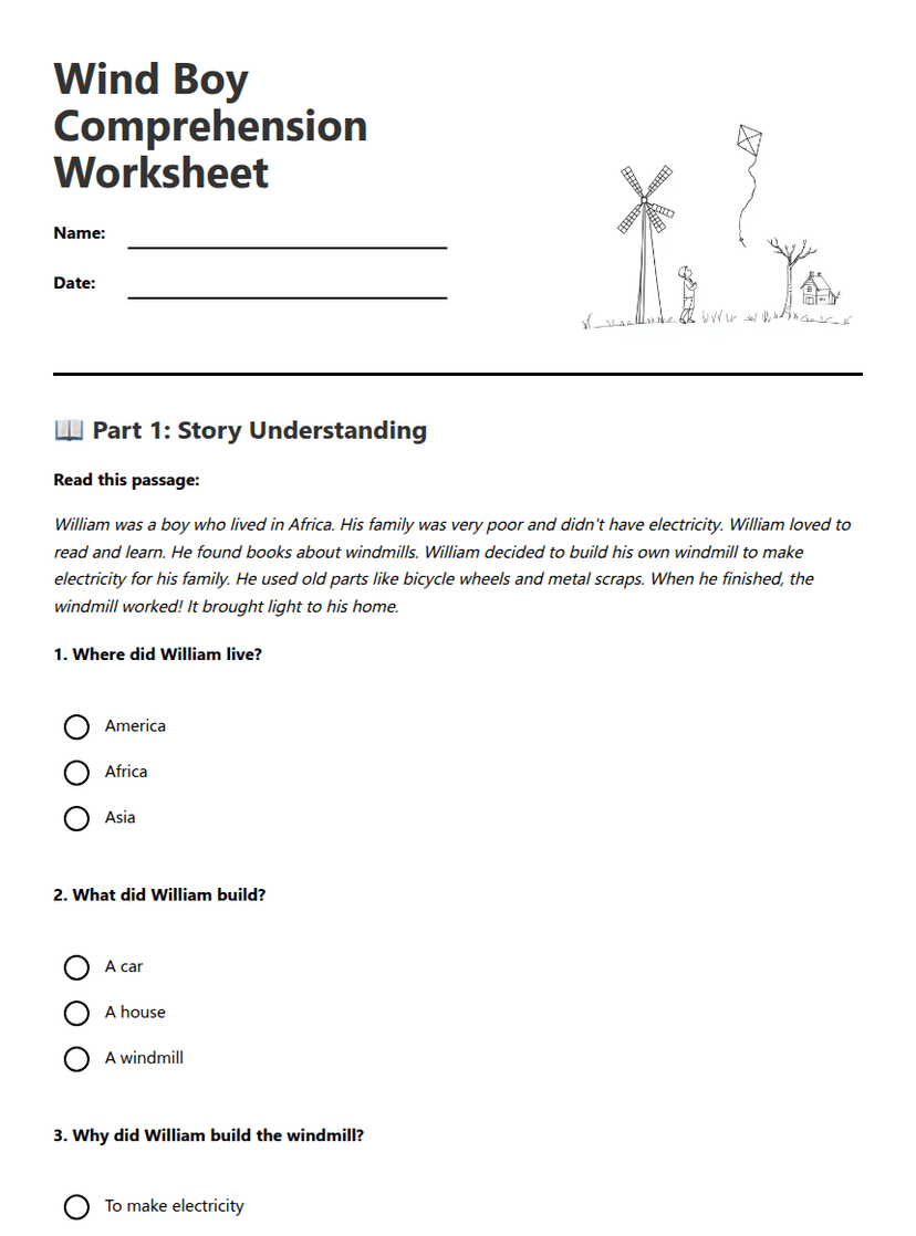 Wind Boy Comprehension Worksheet