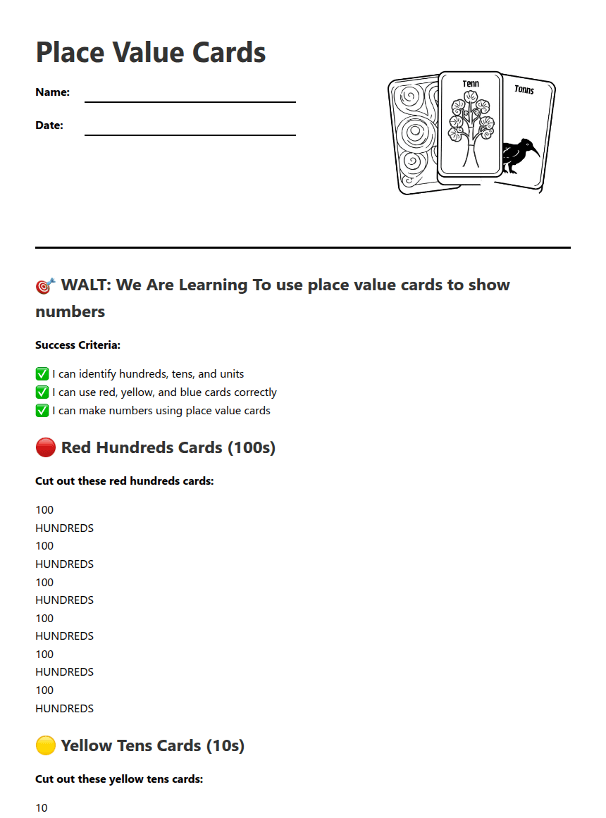 Place Value Cards worksheet preview