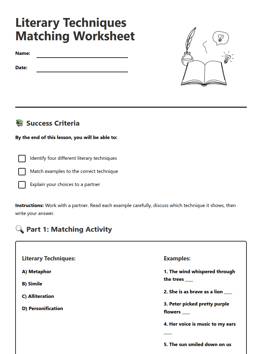 Literary Techniques Matching Worksheet worksheet preview