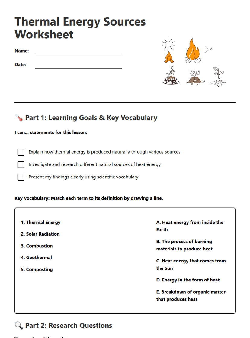 Thermal Energy Sources Worksheet