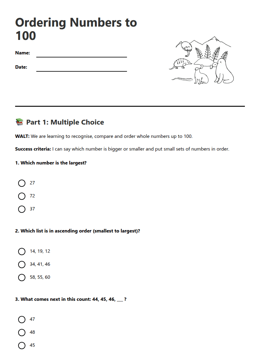 Ordering Numbers to 100 worksheet preview