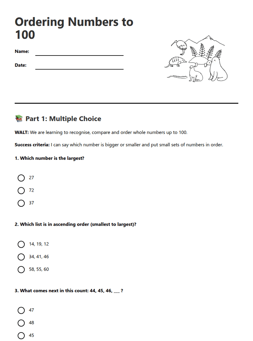 Ordering Numbers to 100