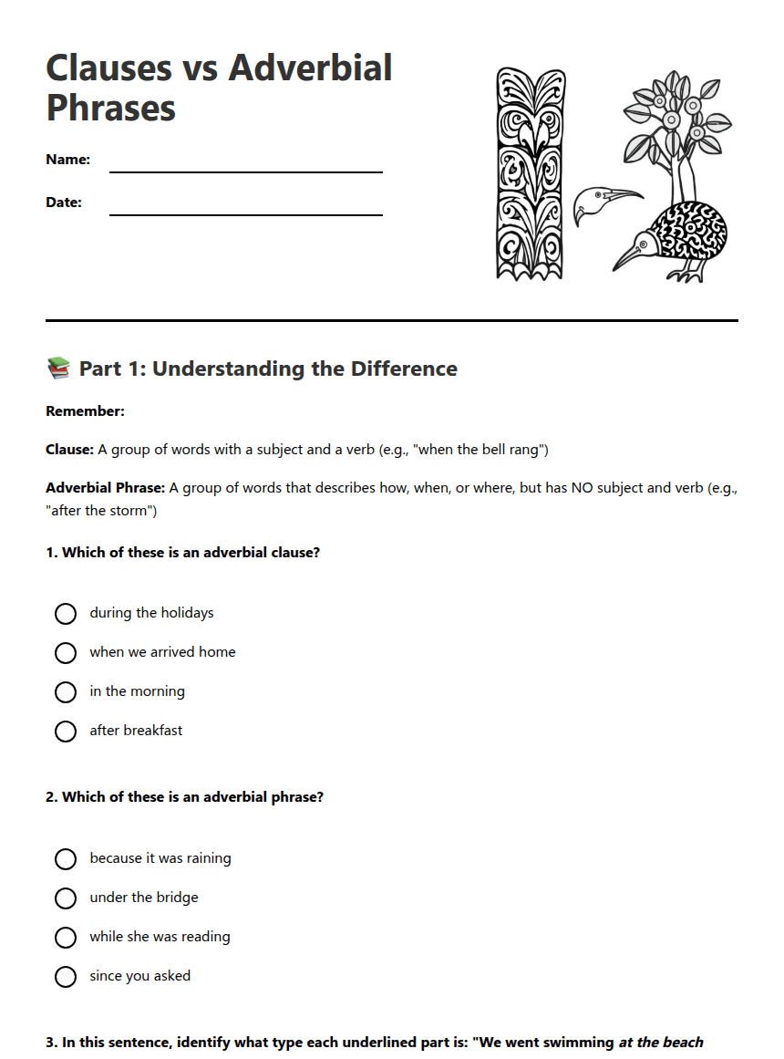 Clauses vs Adverbial Phrases worksheet preview