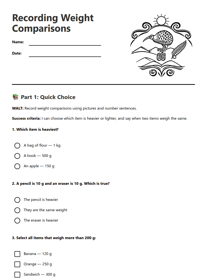 Recording Weight Comparisons worksheet preview