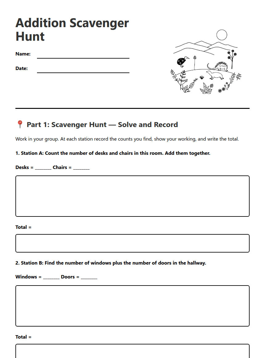 Addition Scavenger Hunt worksheet preview