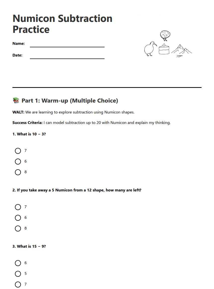 Numicon Subtraction Practice worksheet preview