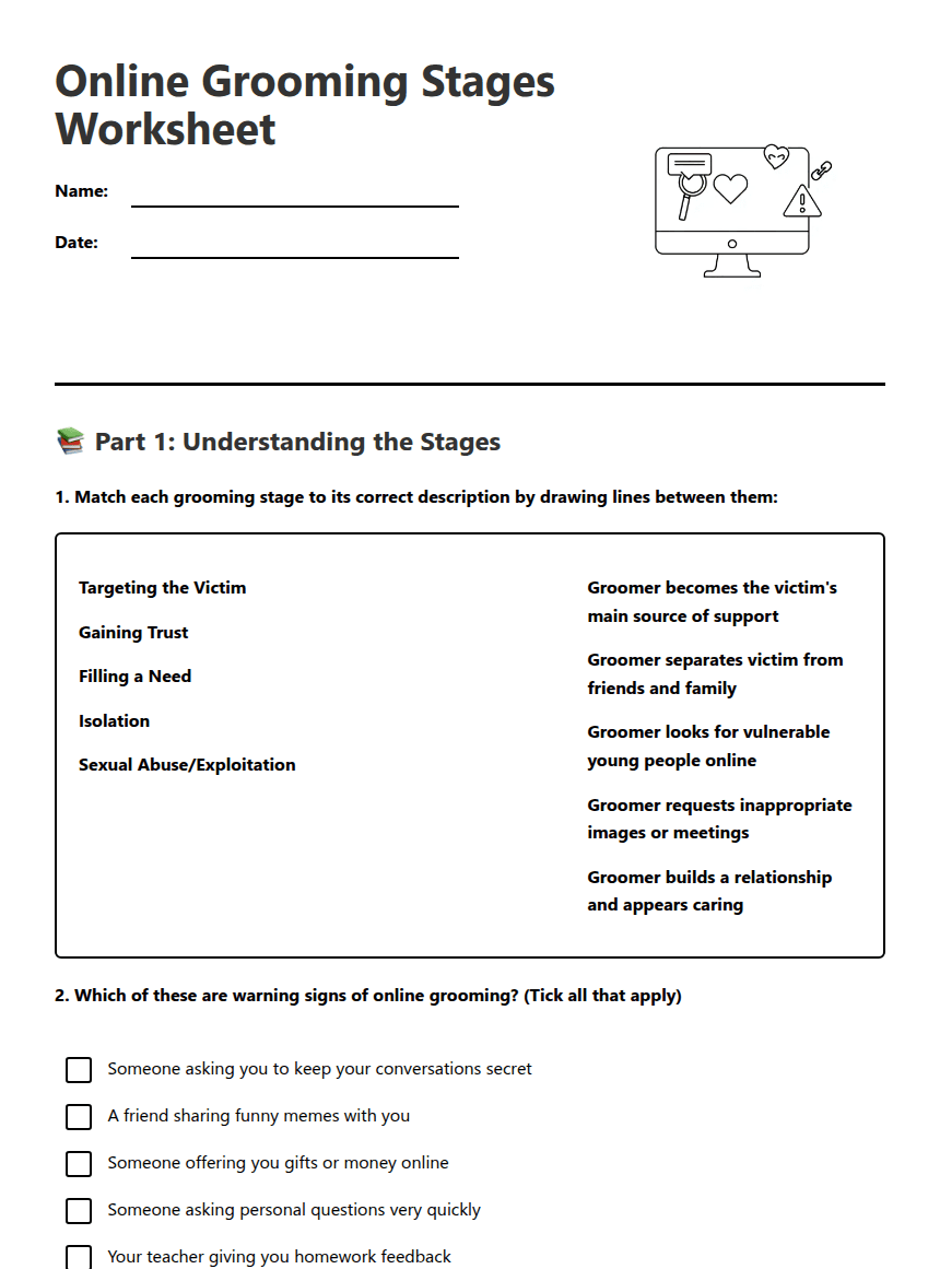 Online Grooming Stages Worksheet worksheet preview