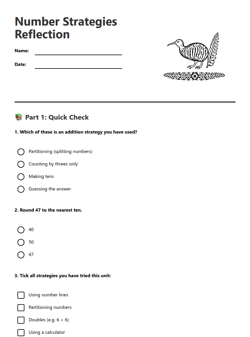 Number Strategies Reflection worksheet preview