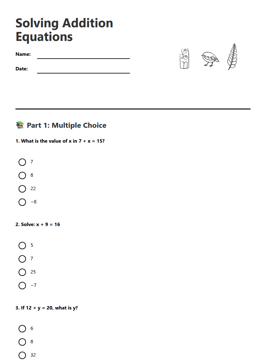 Solving Addition Equations worksheet preview