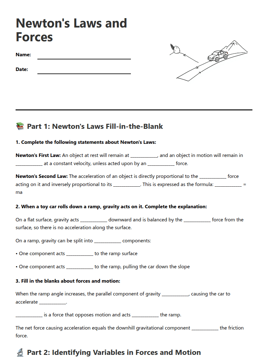 Newton's Laws and Forces worksheet preview
