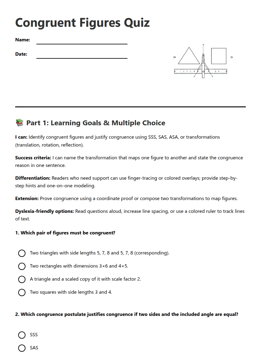 Congruent Figures Quiz worksheet preview