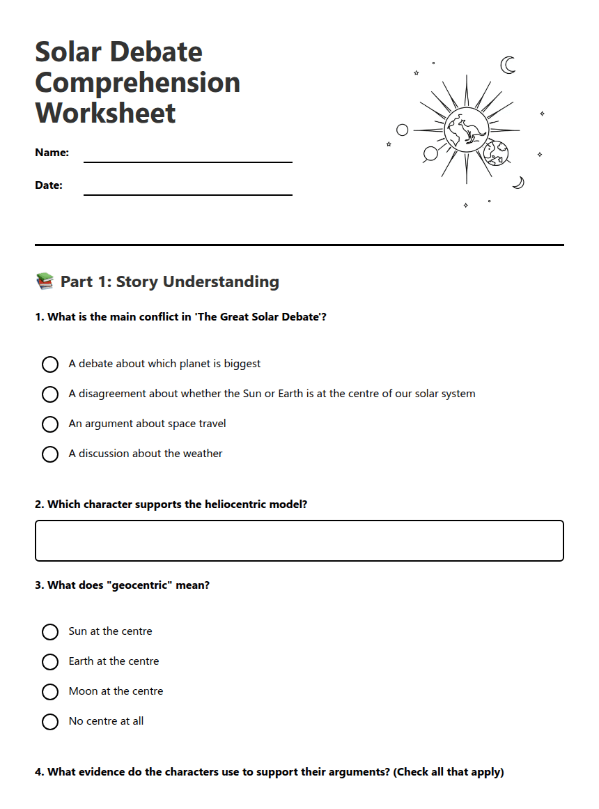 Solar Debate Comprehension Worksheet worksheet preview