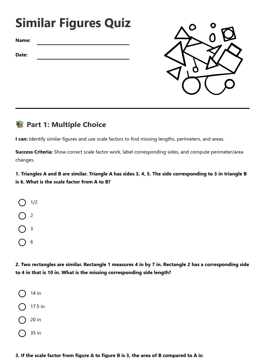 Similar Figures Quiz worksheet preview