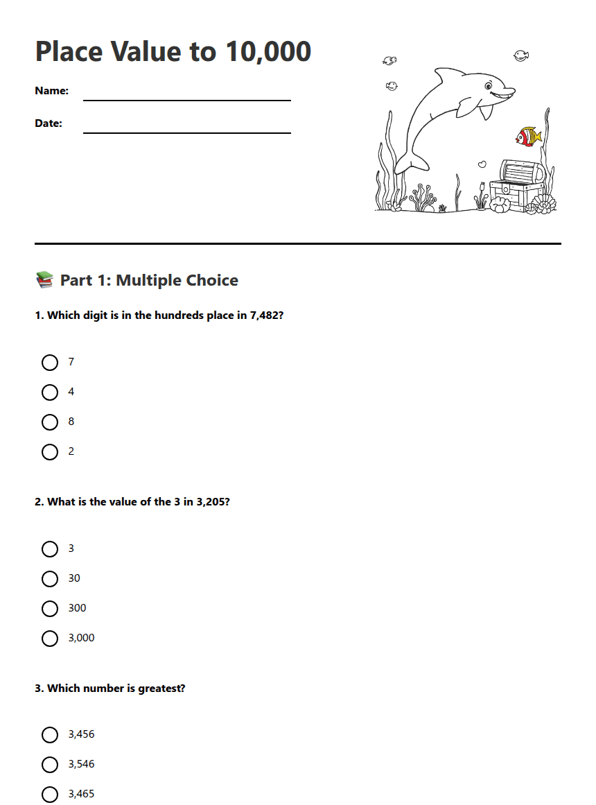 Place Value to 10,000 worksheet preview
