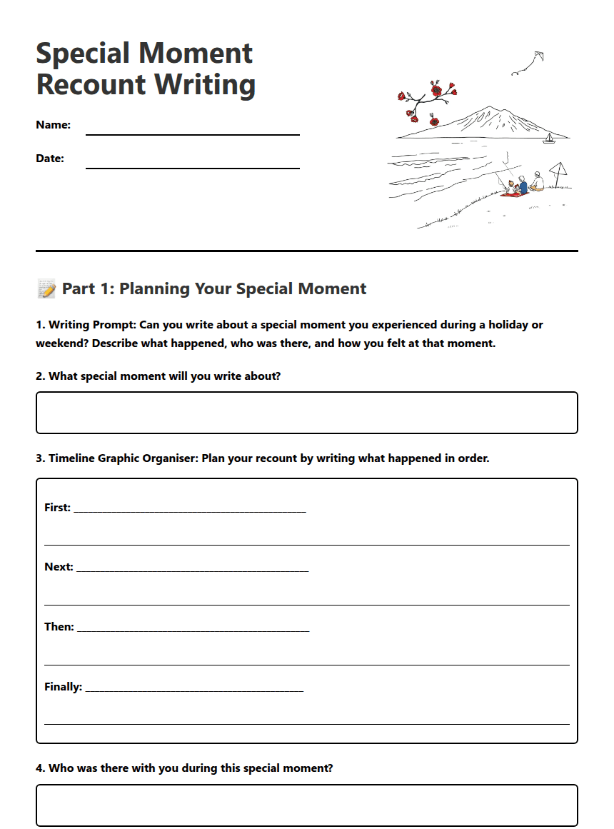 Special Moment Recount Writing worksheet preview