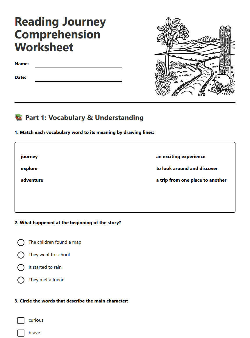 Reading Journey Comprehension Worksheet worksheet preview