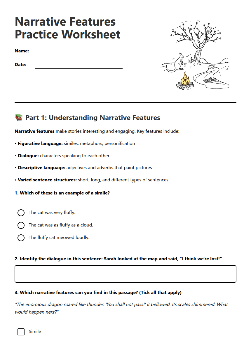 Narrative Features Practice Worksheet worksheet preview
