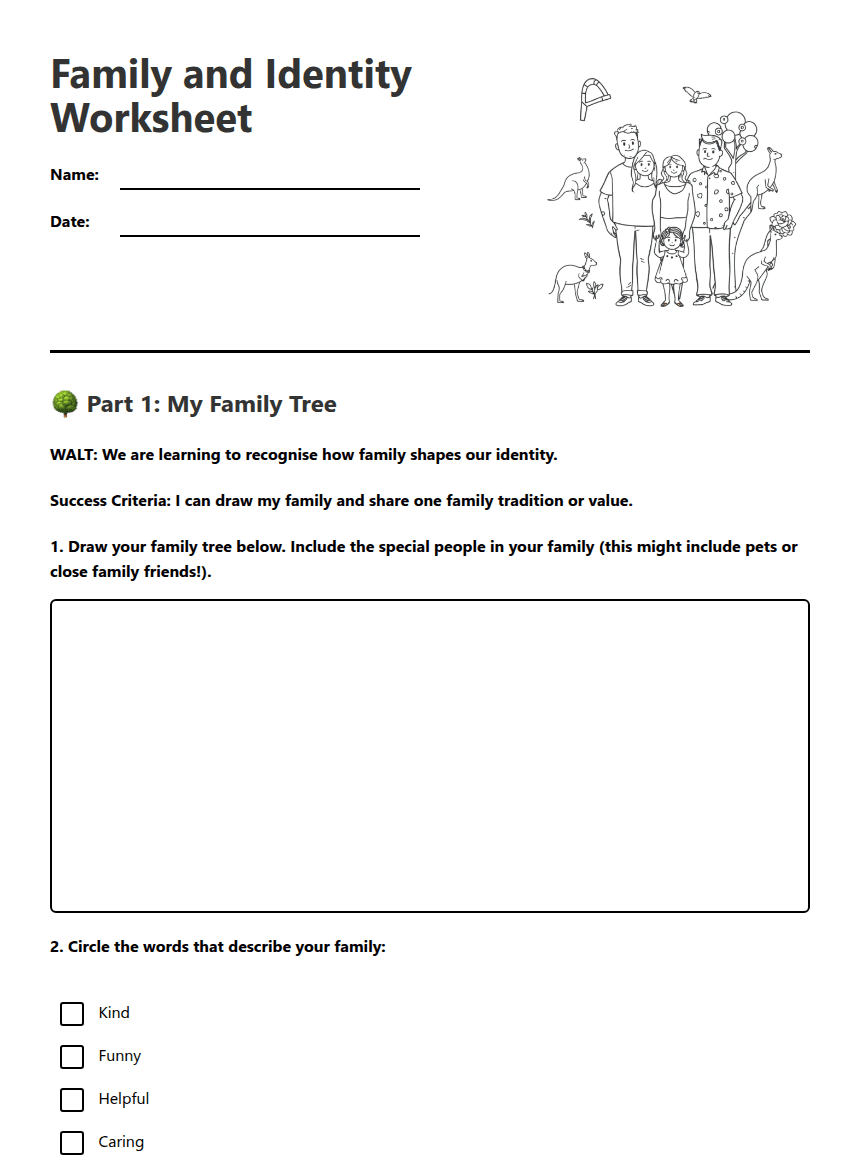 Family and Identity Worksheet worksheet preview