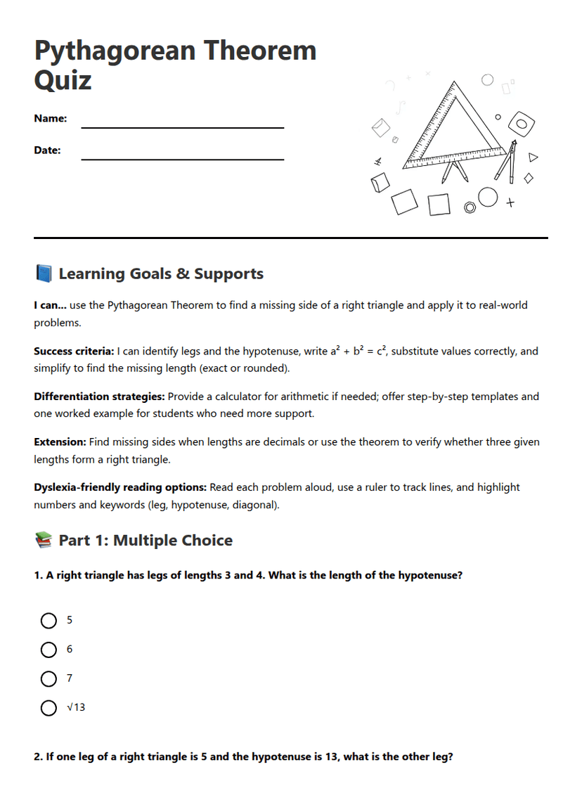 Pythagorean Theorem Quiz