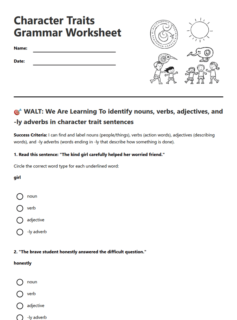 Character Traits Grammar Worksheet