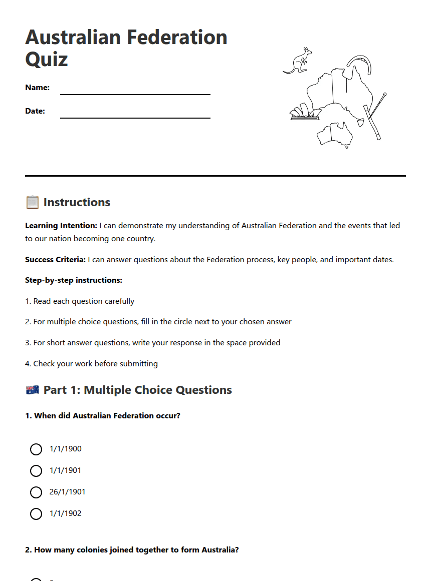 Australian Federation Quiz worksheet preview