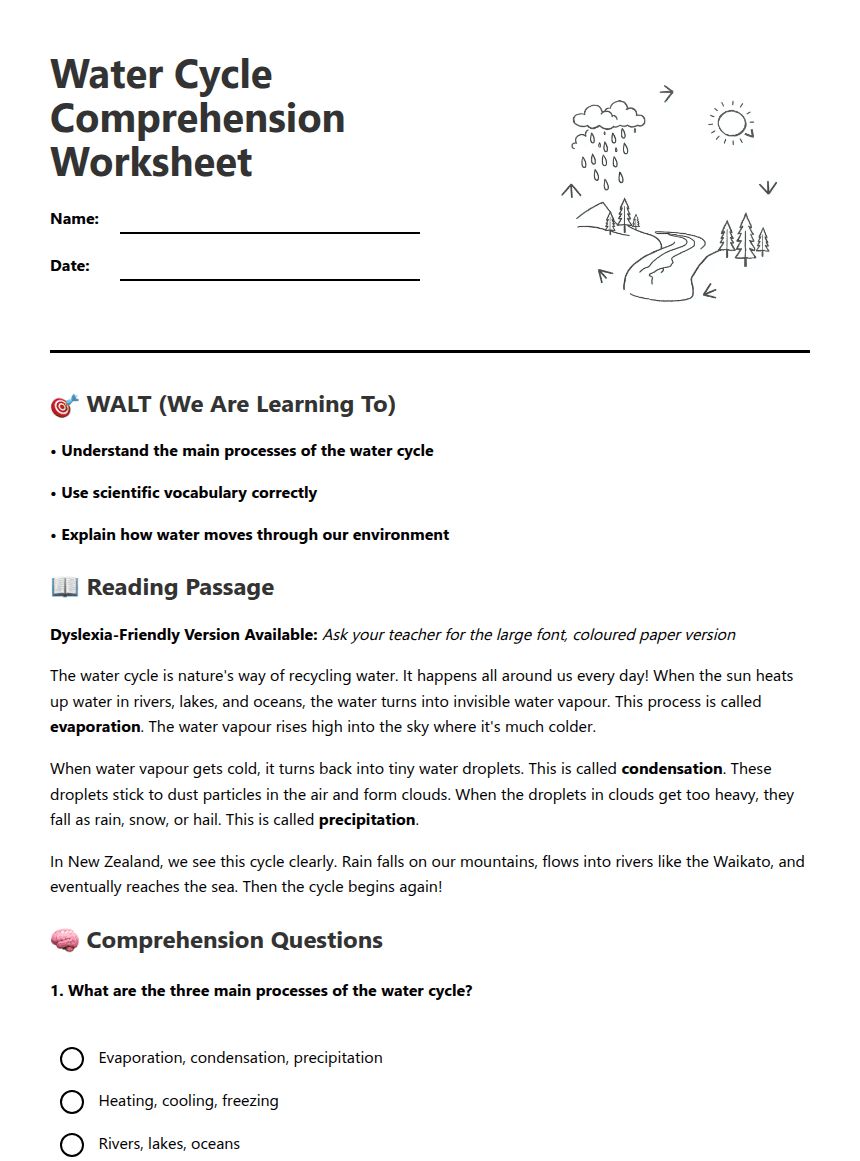 Water Cycle Comprehension Worksheet worksheet preview