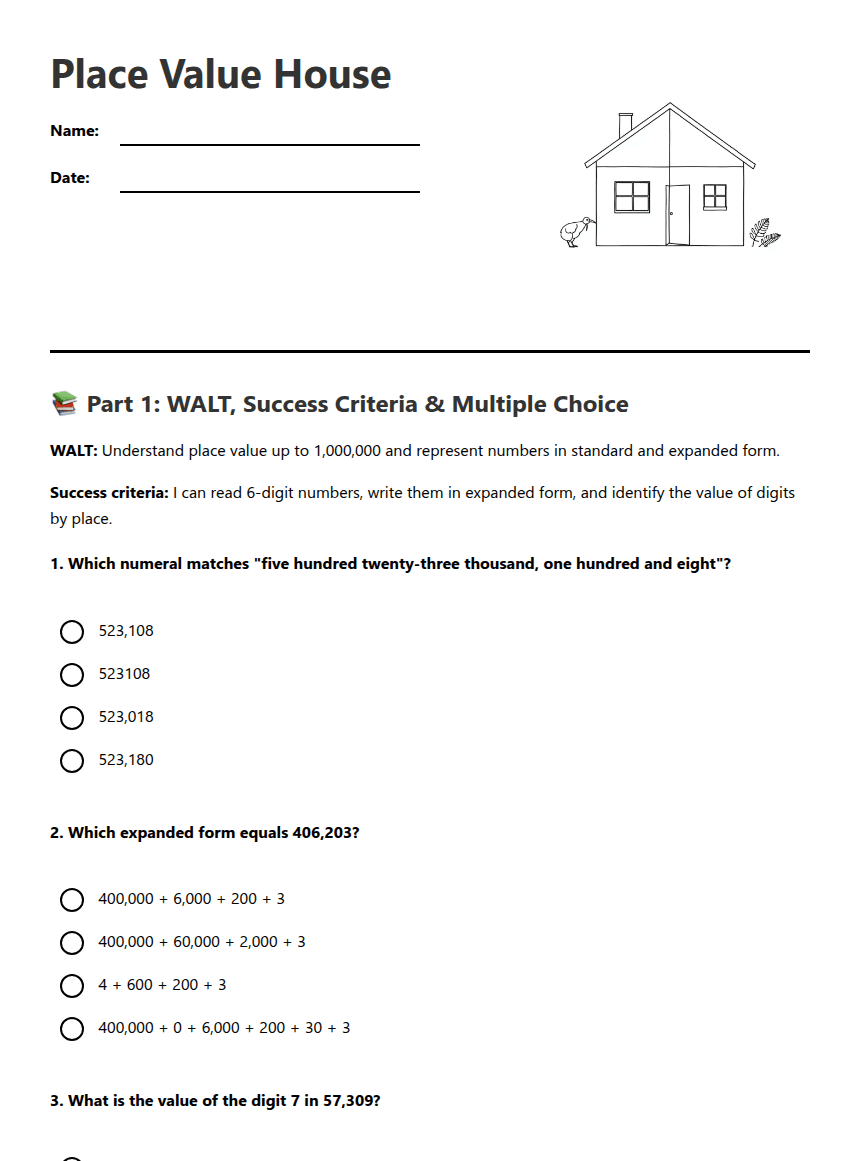 Place Value House worksheet preview