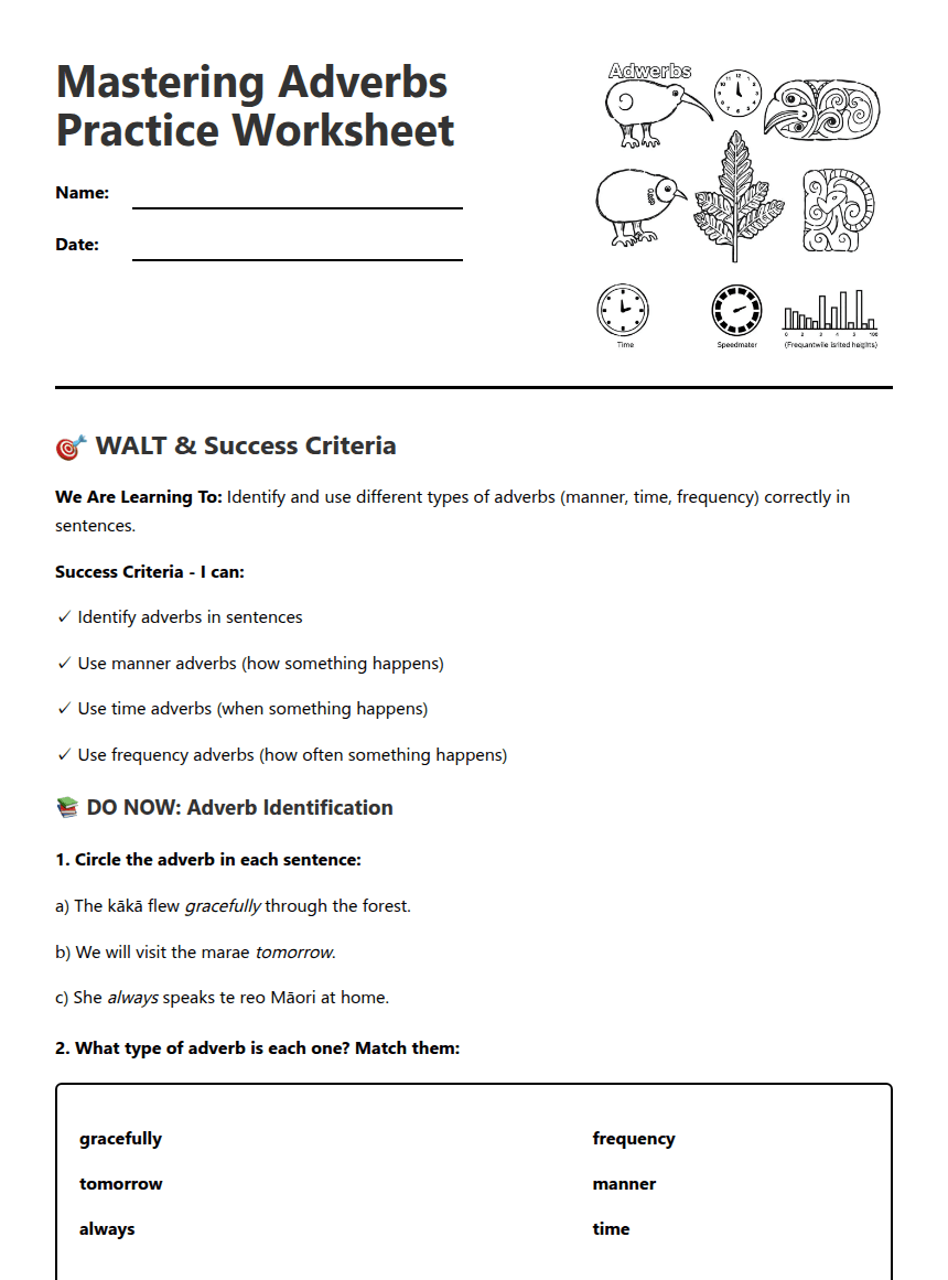 Mastering Adverbs Practice Worksheet worksheet preview