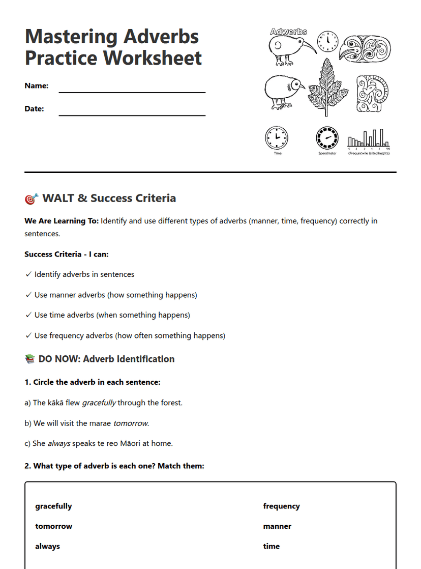Mastering Adverbs Practice Worksheet
