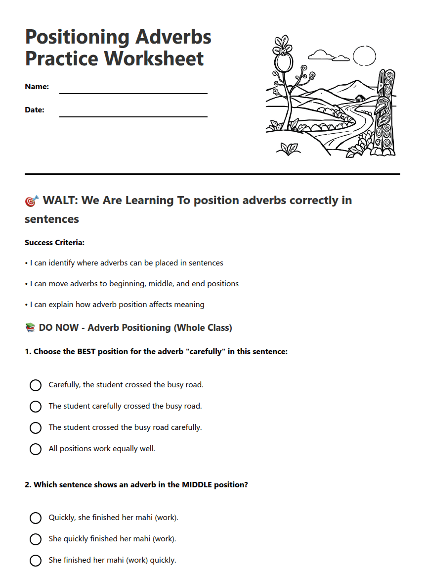 Positioning Adverbs Practice Worksheet worksheet preview