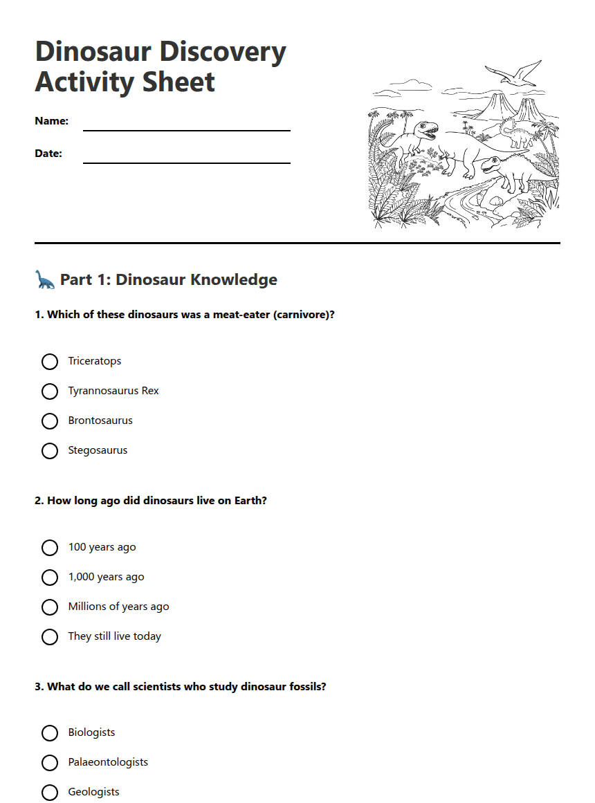 Dinosaur Discovery Activity Sheet worksheet preview