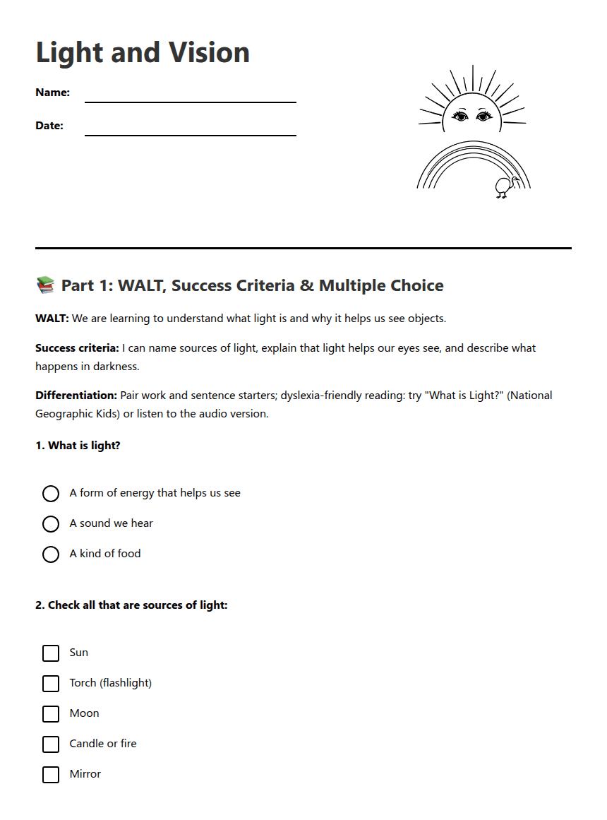 Light and Vision worksheet preview