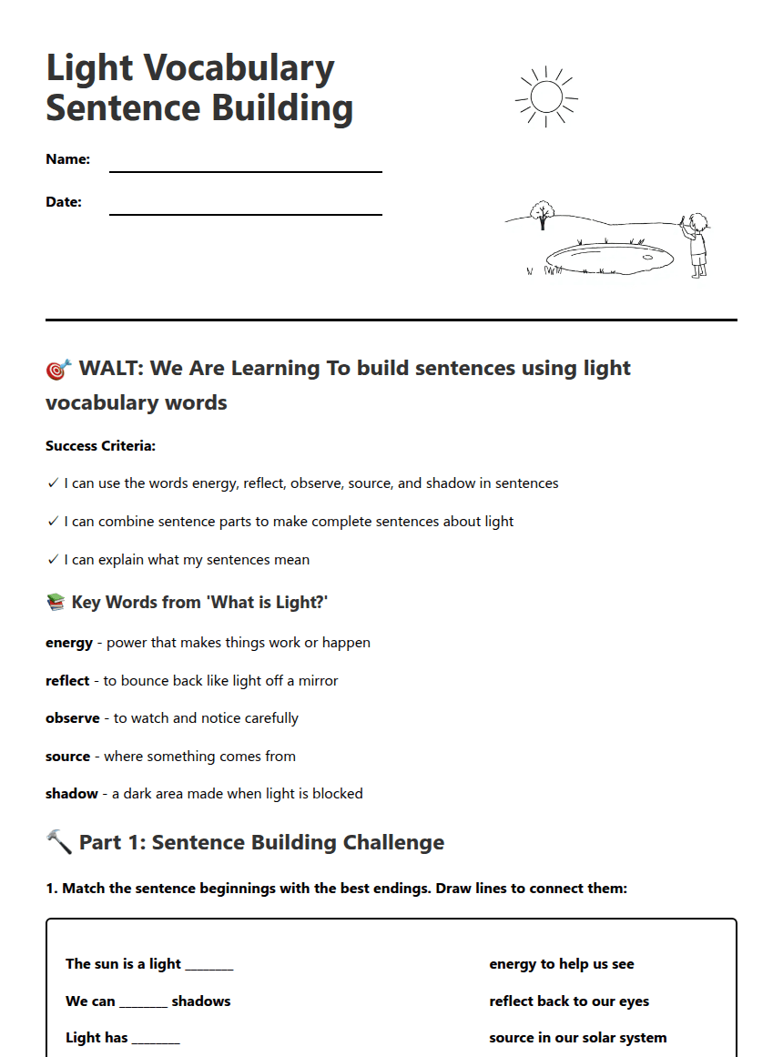 Light Vocabulary Sentence Building worksheet preview