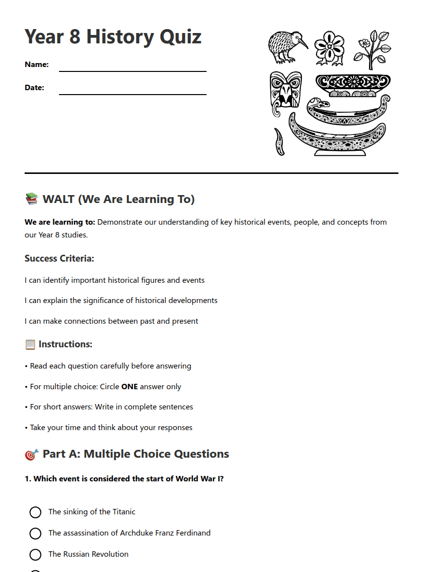 Year 8 History Quiz worksheet preview