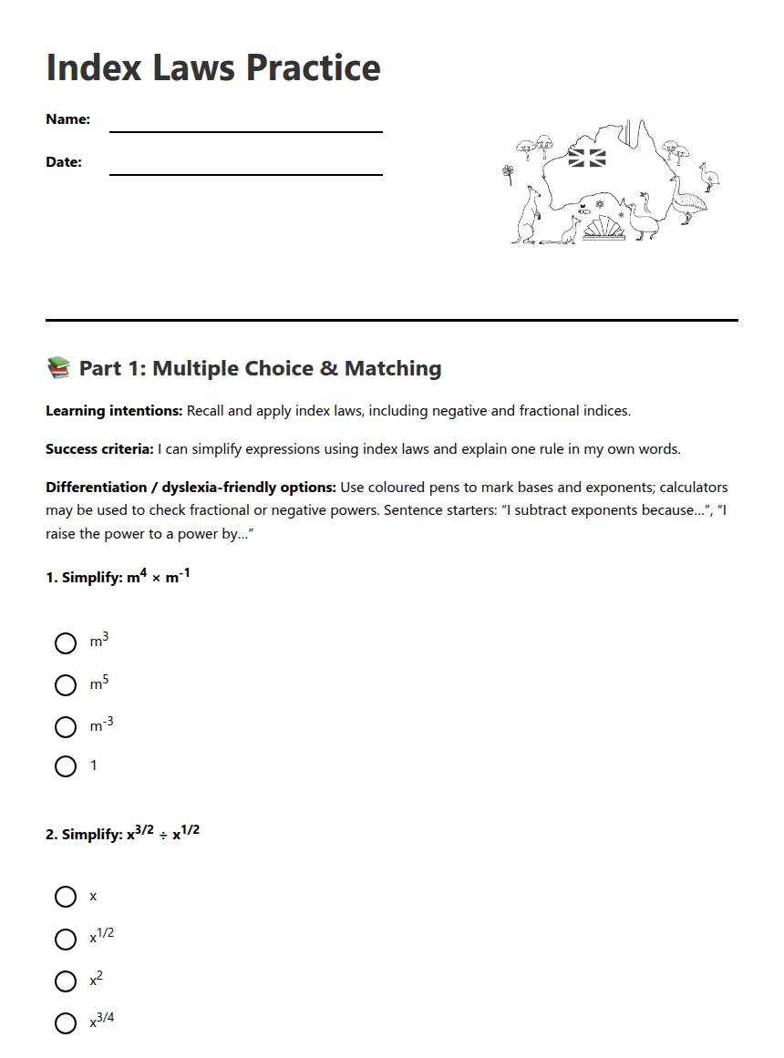 Index Laws Practice worksheet preview