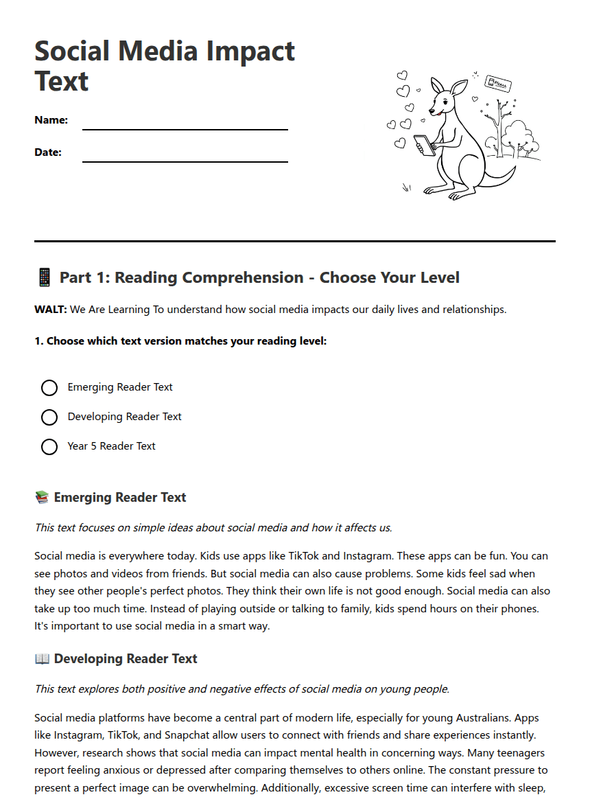 Social Media Impact Text worksheet preview