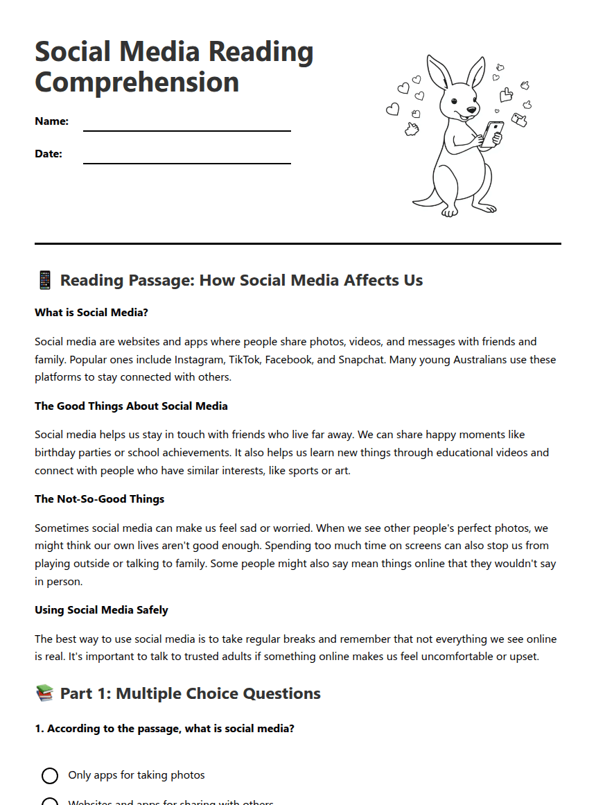 Social Media Reading Comprehension worksheet preview