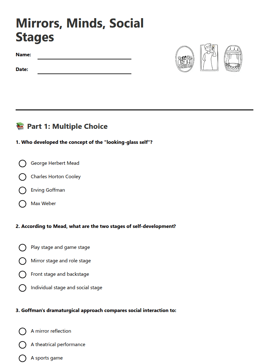 Mirrors, Minds, Social Stages worksheet preview