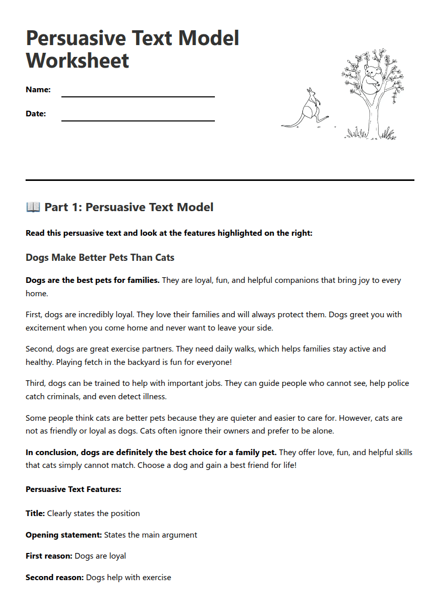 Persuasive Text Model Worksheet worksheet preview