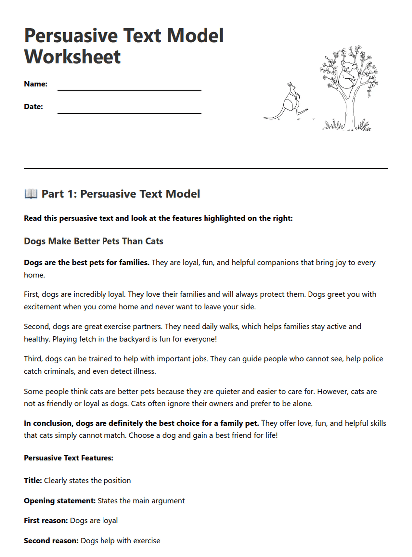 Persuasive Text Model Worksheet