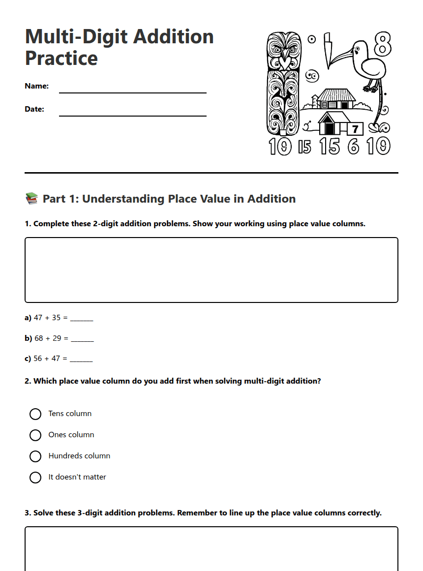 Multi-Digit Addition Practice worksheet preview
