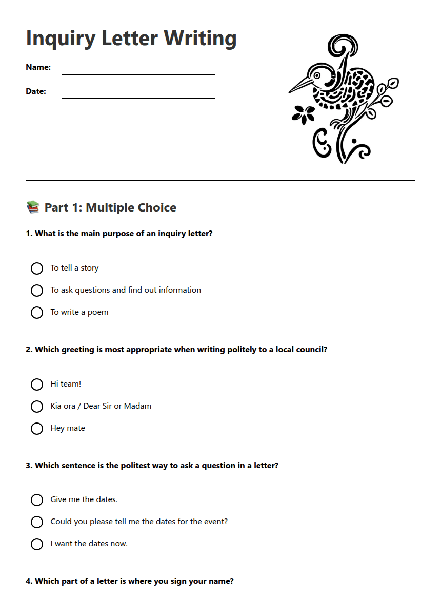 Inquiry Letter Writing worksheet preview