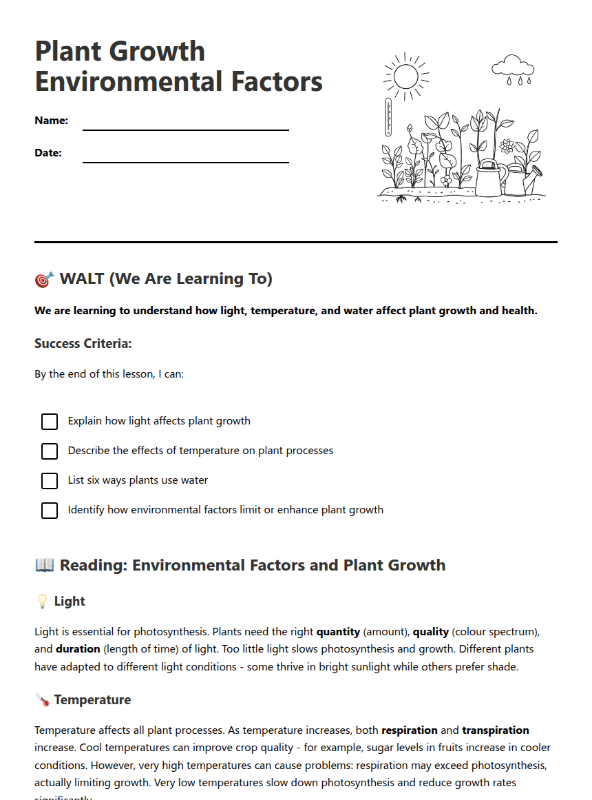 Plant Growth Environmental Factors worksheet preview