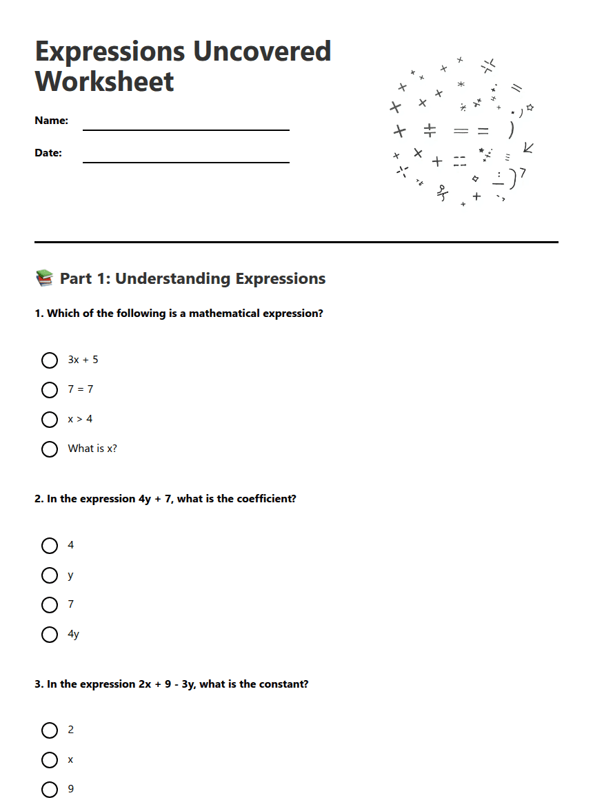 Expressions Uncovered Worksheet worksheet preview